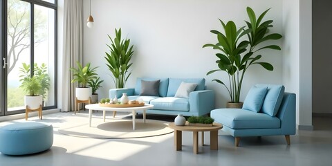 A modern and minimalist living room with white walls, large windows, and a blue sofa. The room features various potted plants