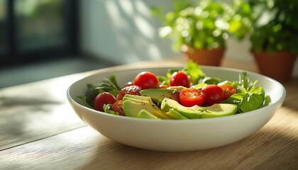 fresh salad with tomatoes, Fresh Green Salad with Sliced Avocado, Cherry Tomatoes, and Olive Oil Drizzle Served in a White Ceramic Bowl on a Wooden Table with Natural Light from a Kitchen Window