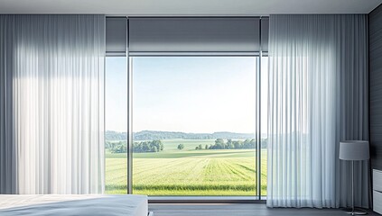 Fototapeta premium Serene Bedroom View: Modern Curtains Frame Picturesque Rolling Fields and Lush Green Landscape