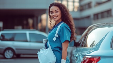 Smiling Female Doctor Near Car - Authentic imagery