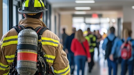 A firefighter assisting people to evacuate a building during a fire drill, guiding them toward the exit in an orderly manner.