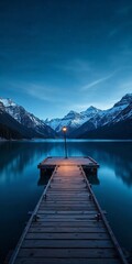 Obraz premium A wooden dock extending into a calm lake surrounded by snow-capped mountains under a starry night sky.Vertical wallpaper