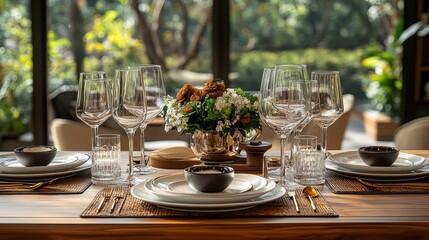 Fototapeta premium Elegant table setting, wood table, outdoor view.