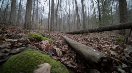 Fallen log in mossy forest path.