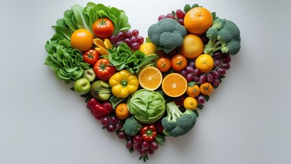 Fresh organic vegetables and fruits in shape of heart, isolated on white