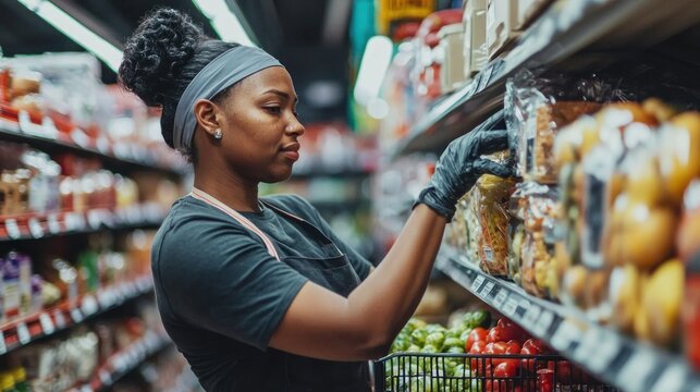 A grocery store worker stocking shelves with fresh produce.