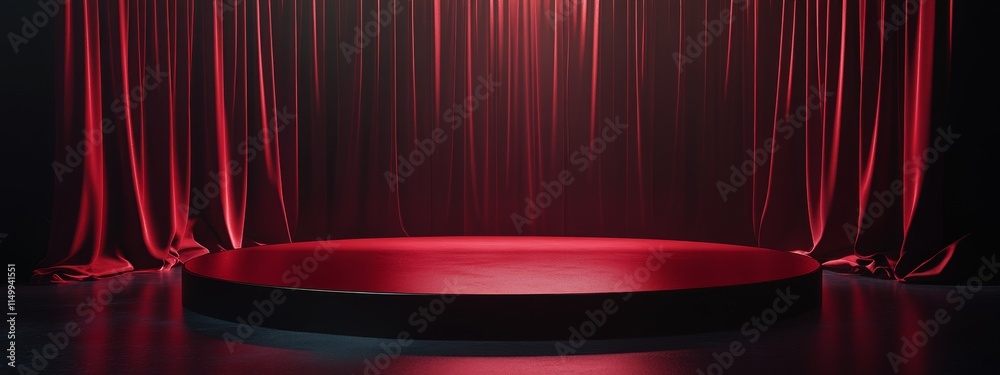 Poster red velvet curtain backdrop with illuminated circular stage.