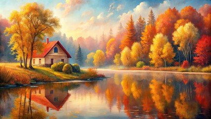 Fototapeta premium Serene autumnal landscape featuring a lakeside cottage reflected in tranquil waters, surrounded by vibrant fall foliage.