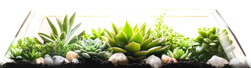 Fototapeta premium Minimalist geometric glass planter featuring vibrant green succulents, layered with decorative stones and soil, ideal for modern decor. Isolated on transparent background