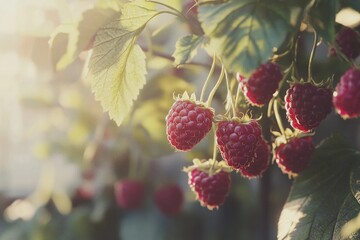 Ripe raspberries dangle from green foliage, illuminated by soft sunlight, showcasing their vibrant...