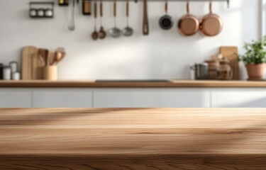 Empty wooden table in front of blurred modern kitchen. (3)