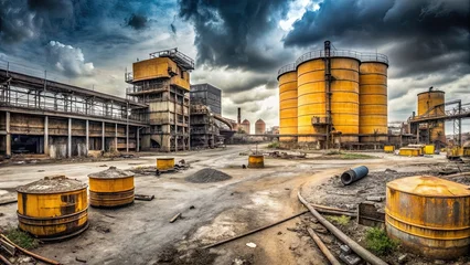 Fototapeten Ruined Industrial Complex Under a Stormy Sky Derelict Factory and Storage Silos © Mali