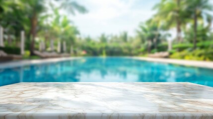 Fototapeta premium A pristine marble stone table top invites contemplation, while a sparkling blue pool reflects the sunshine and surrounding palm trees, creating an oasis of tranquility in a tropical paradise