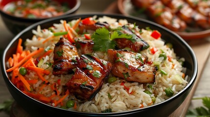 Fototapeta premium Lemonade rice and veggies are provided with barbecued meat