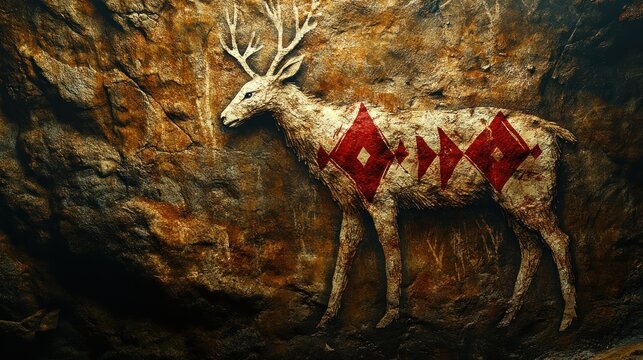 Ancient rock carving of a deer with geometric patterns.