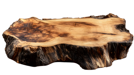 Rustic live-edge wooden tree slice featuring natural textures and bark details, perfect for organic decor projects. Isolated on transparent background