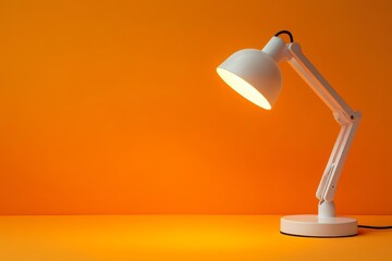 Illuminated white desk lamp on orange background. (1)