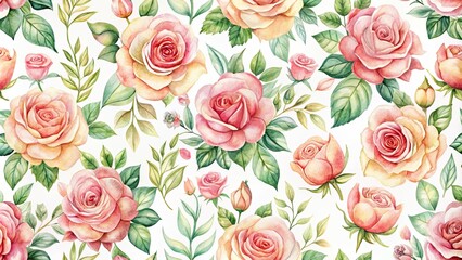 A delicate watercolor painting of pink and peach roses and lush green foliage, forming a seamless repeating pattern ideal for textile design and home decor