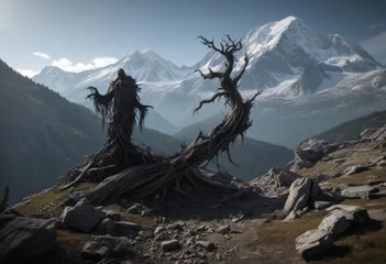 Enigmatic Forest Guardian Amidst Majestic Mountain Landscape