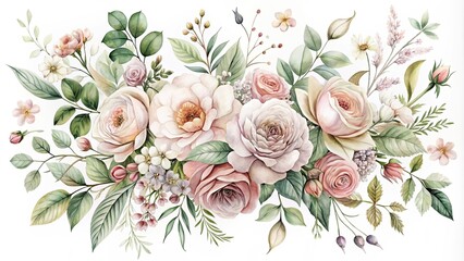 Elegant Watercolor Floral Arrangement of Roses and Greenery