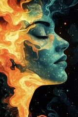 A surreal illustration of a human face blending with elements of fire and water, showcasing a harmonious balance between contrasting forces in a cosmic setting.