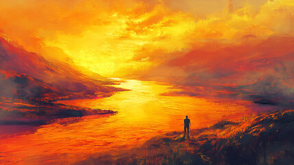 Obraz premium A vibrant landscape where rivers of gold flow, with a person standing at the bank, contemplating how to navigate the waters of financial opportunity. 