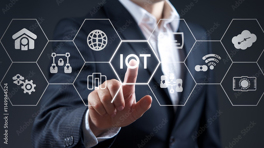 Poster iot technology and wireless connectivity: businessman interacting with smart interface