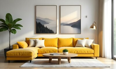 A modern living room with a large yellow sofa, a wooden coffee table, and two framed abstract landscape paintings on the wall