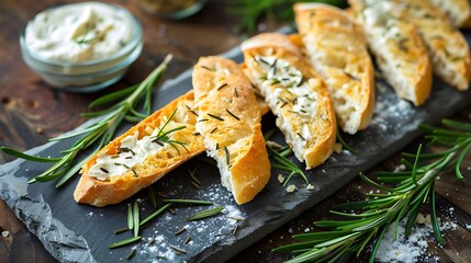 On a granite the board ciabatta wedges with rosemary cream