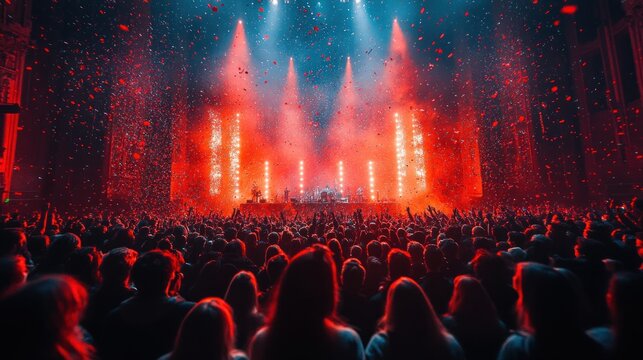 Concert crowd, red lights, confetti raining.