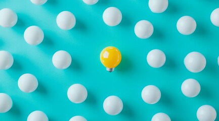 Yellow lightbulb among white spheres on teal background.
