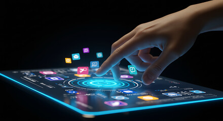 Obraz premium Futuristic Tablet Interface Hand Interacting with App Icons