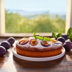 Generated image Fresh plum cake by the window with copy space