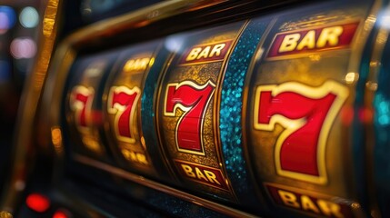 Close-up of slot machine reels showing triple sevens in a lively casino. Perfect for themes of luck, excitement, and the thrill of winning big