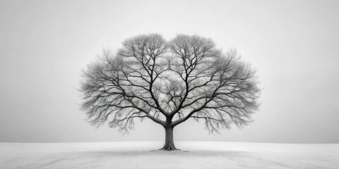 A solitary, leafless tree stands majestically in a snow-covered field under a pale winter sky.