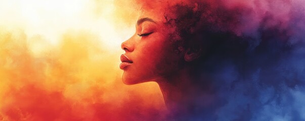 Ethereal Portrait of a Woman Immersed in a Vibrant Fusion of Warm and Cool Colors, Creating a Dreamlike Atmosphere That Evokes a Sense of Calm and Contemplation