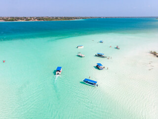 Aerial landscape of the pirate channel in Bacalar Quintana roo, Mexico. Lagoon of seven colors from the sky
