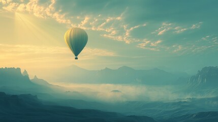 Fototapeta premium A hot air balloon is flying over a mountain range. The sky is cloudy and the sun is shining