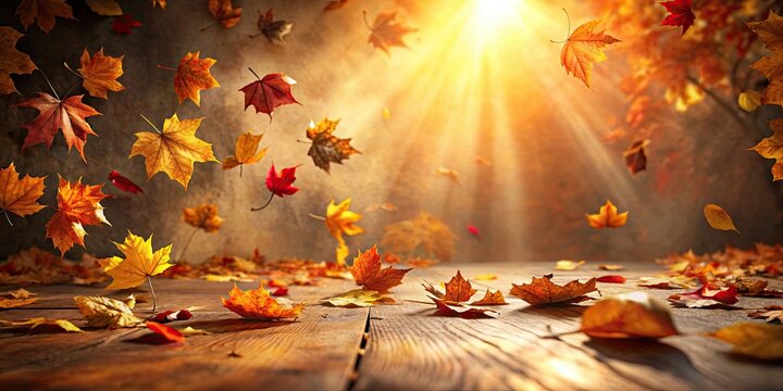 Autumnal foliage gracefully descends onto a rustic wooden surface, bathed in the warm glow of sunlight.