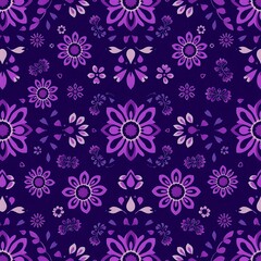 Fototapeta premium Purple Floral Pattern: This captivating seamless pattern features a vibrant array of purple flowers and delicate leaves on a rich dark purple background.