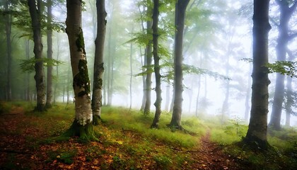 Obraz premium Morning in misty forest.