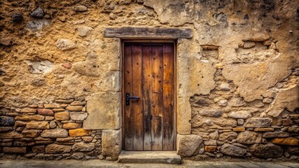 Rustic Wooden Door Set in Aged Stone Wall with Weathered Texture
