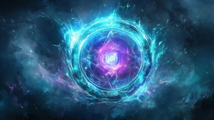 Obraz premium A radiant orb of vibrant blue and purple light swirls with magical energy, floating in a dark, mystical atmosphere. The ethereal glow creates a sense of mystery and power, ideal for fantasy and