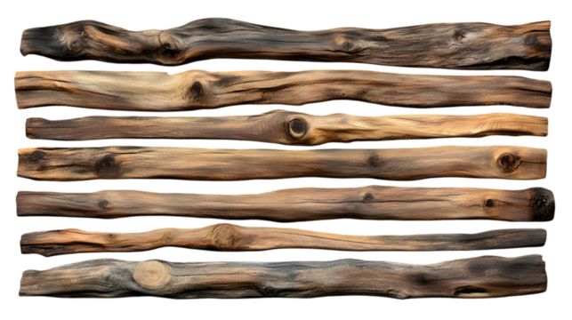 Rustic wooden planks with natural grain and warm tones, suitable for crafting or interior design projects. Isolated on transparent background