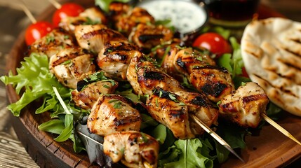 Pita bread and greens with grilled chicken kebabs