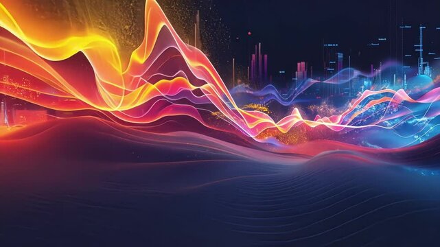 Big data is flowing over a smart city with a futuristic landscape at night, generating insights and driving innovation in urban development and technology