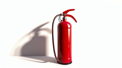 A red fire extinguisher stands on a white surface with a long shadow.