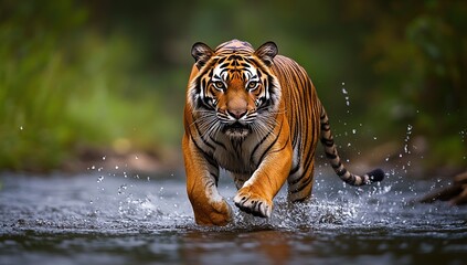 Majestic Tiger powerfully strides through water, creating ripples; Wild cat gracefully moves in nature's beauty.