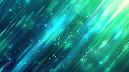 Obraz premium Background with glowing light blue and green lines, particles of data flowing in the air.