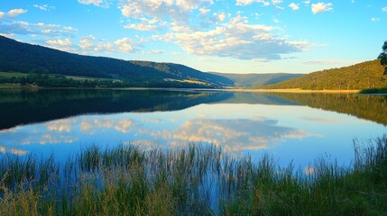 A peaceful landscape with a calm lake reflecting the surrounding mountains, creating a natural sense of equilibrium and balance.